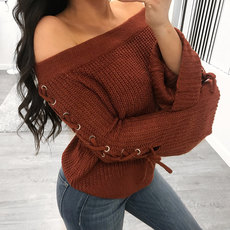 Straps Bandage Off The Shoulder Long Trumpet Sleeves Women Pullover Sweater