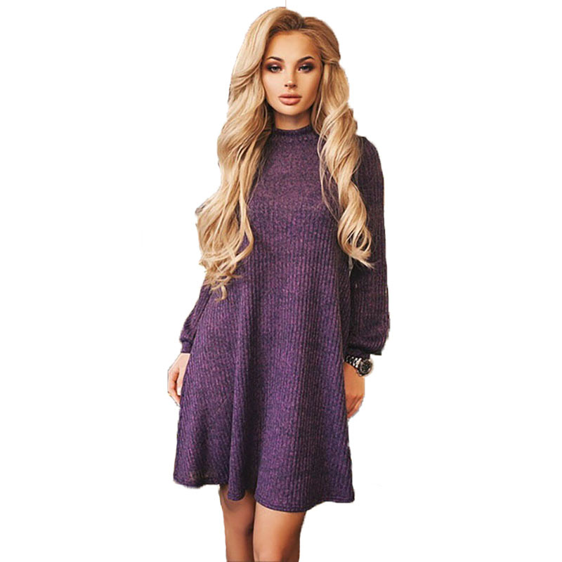 Crew Neck Loose Solid Color Women Pullover Oversized Long Sweater Dress