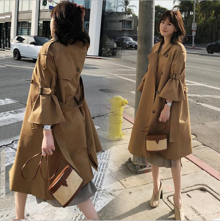 Solid Color Double Breast 3/4 Trumpet Sleeves Oversized Women Coat