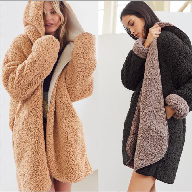 Solid Color Two Side Wearable Women Hooded Oversized Teddy Coat