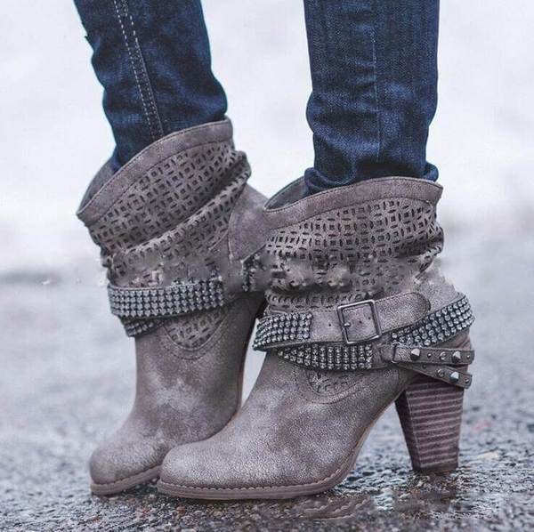 Chunky Heel Sequins Ankle Boots