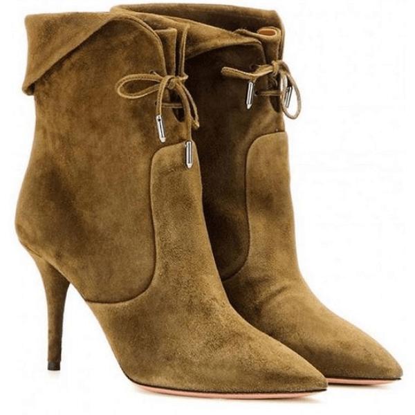 LACE UP HIGH HEEL SUEDE POINTED TOE CALF BOOTS on Luulla