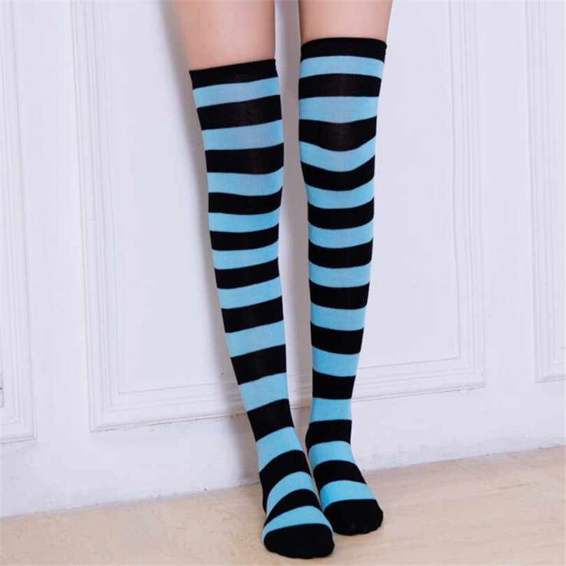 Cuhakci Stockings Women Girls Cotton Long Striped Thigh High Stocking Anime Strip Zebra Cosplay Tights Over Knee Socks 1 Pair-black+light Blue