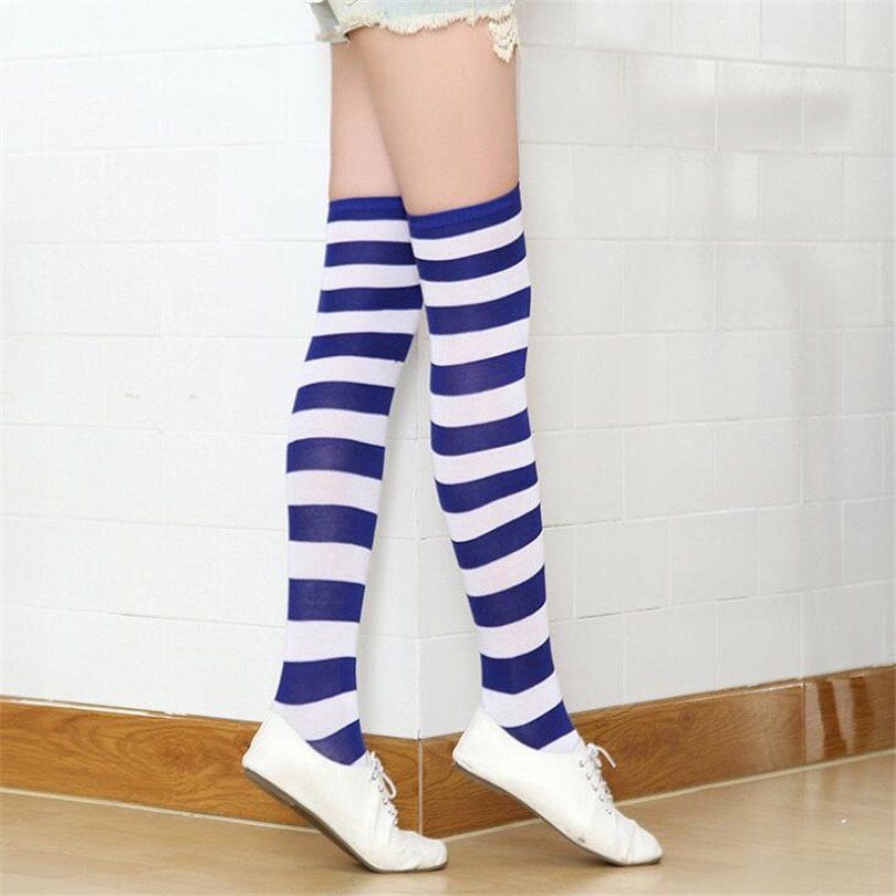 Cuhakci Stockings Women Girls Cotton Long Striped Thigh High Stocking Anime Strip Zebra Cosplay Tights Over Knee Socks 1 Pair-white+blue