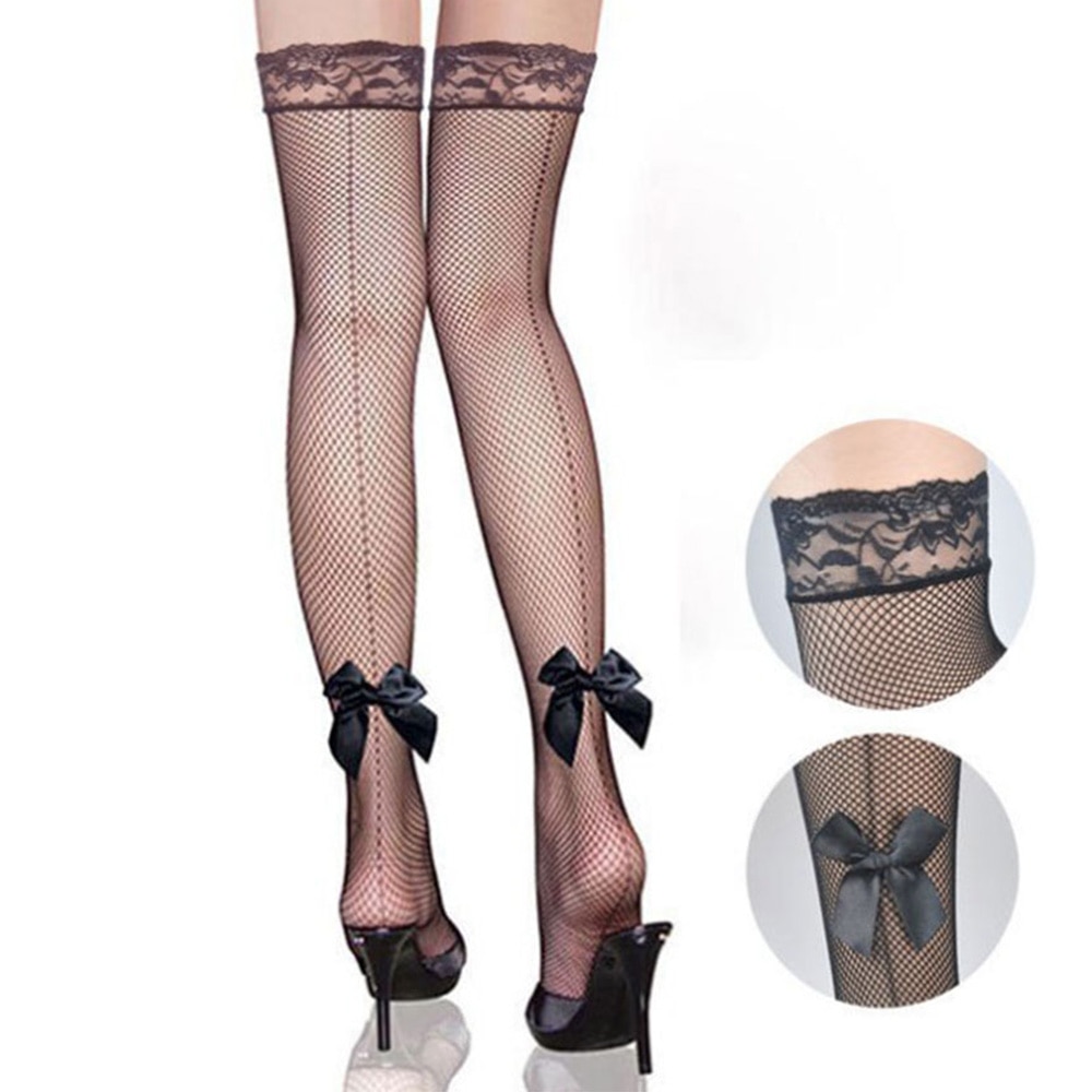 Women Sexy Bow Knot Fishnet Stockings Sheer Straps Lace Mesh Thigh High Knee High Stockings Fashion Over The Knee Socks