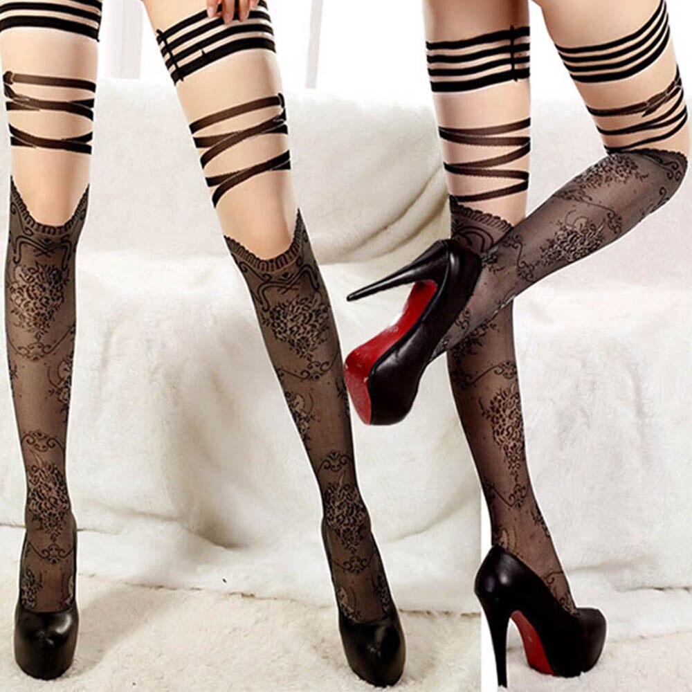 Sexy Women Stocking Hollow Stay Up Thigh High Stockings Strip Anti Slip Over Knee Stockings Elastic Fishnet Stockings