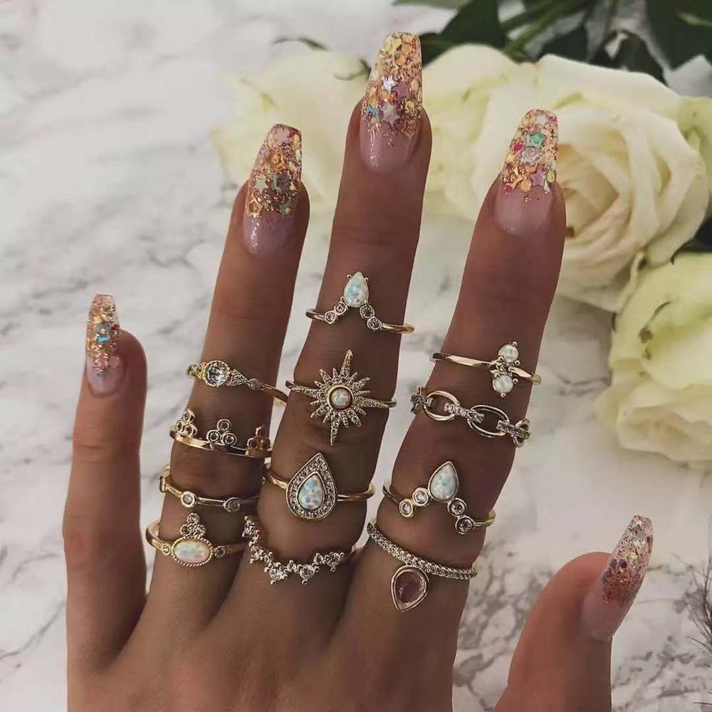 12 Pieces Women's Fashion Rings Personality Creative Water Drop Crown Alloy Ring Set