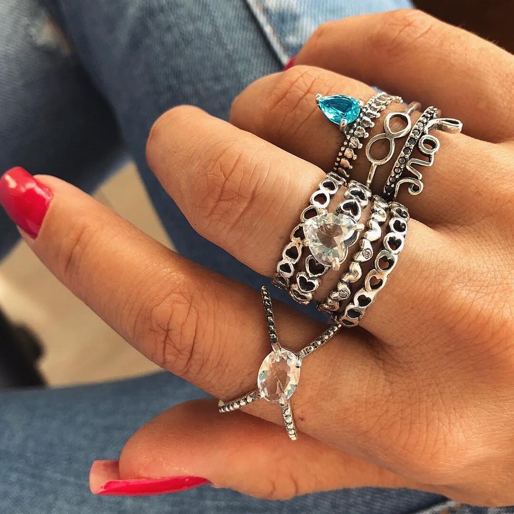 8 Pieces Women's Fashion Rings Love Blue And White Zircon Ring Set