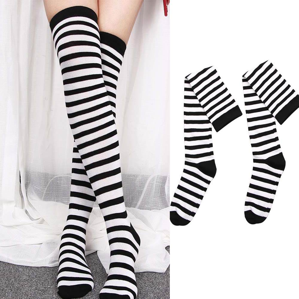 Black White Striped Long Stocking Women Warm Cotton Over The Knee Socks