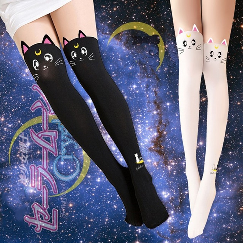 Anime Sailor Moon Cosplay Luna Cat Pattern Pantyhose Socks Stockings Kawaii Girls Long Socks Tights