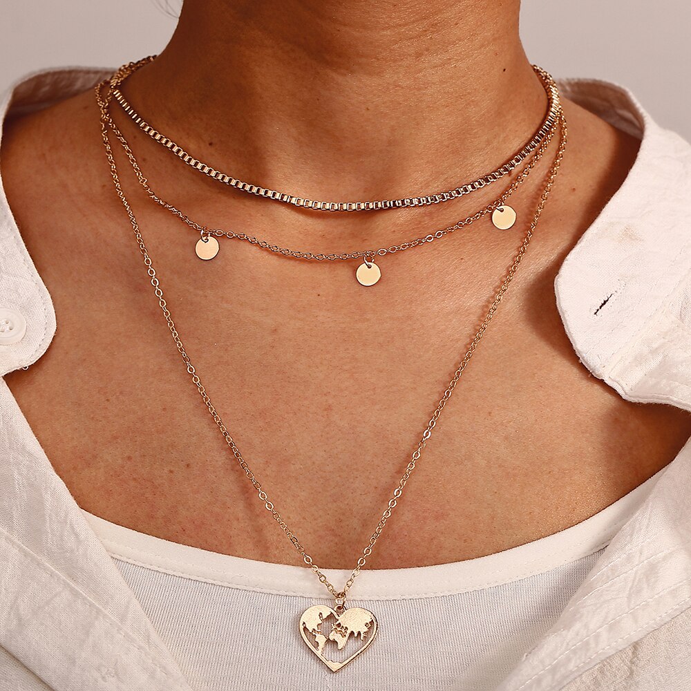 Fashion Multi-layer Necklace Creative Retro Heart-shaped Hollow Map Pendant Necklace