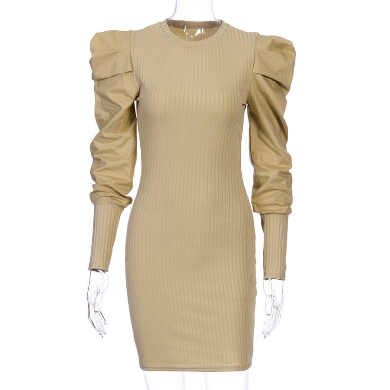 Leg Of Mutton Sleeve Ribbed Short Dress