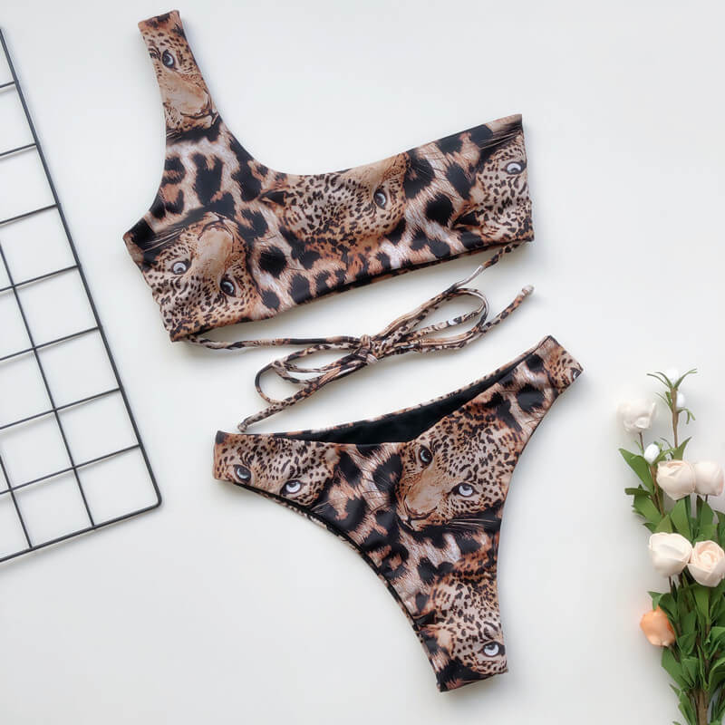 Leopard One Shoulder Bandeau Thong Bottom Bikinis