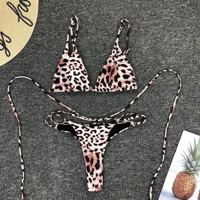 Leopard Strap Mid Rise Thong Bottom Padded Top Bikinis