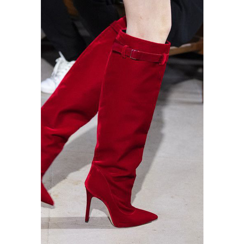 Red suede boots knee high sale