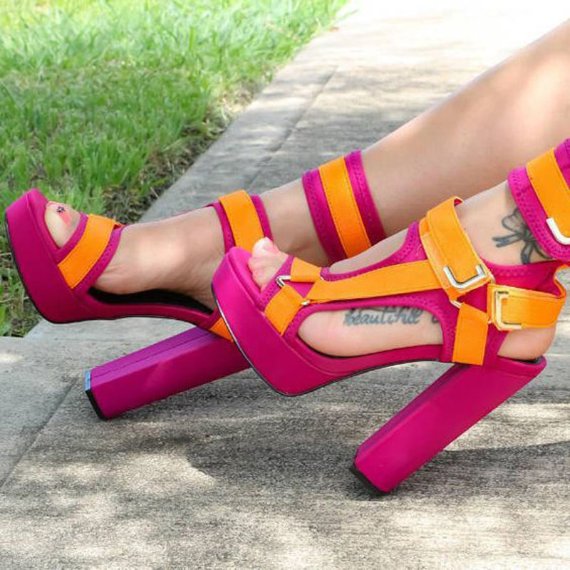 Fashion Colorblock Buckles Platform Chunky Heel Sandals