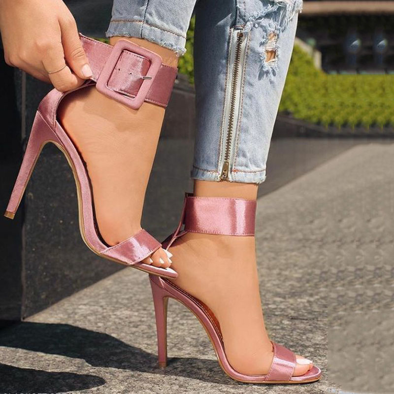 Simple Pink Silk Buckle Open Toe High Heel Sandals on Luulla