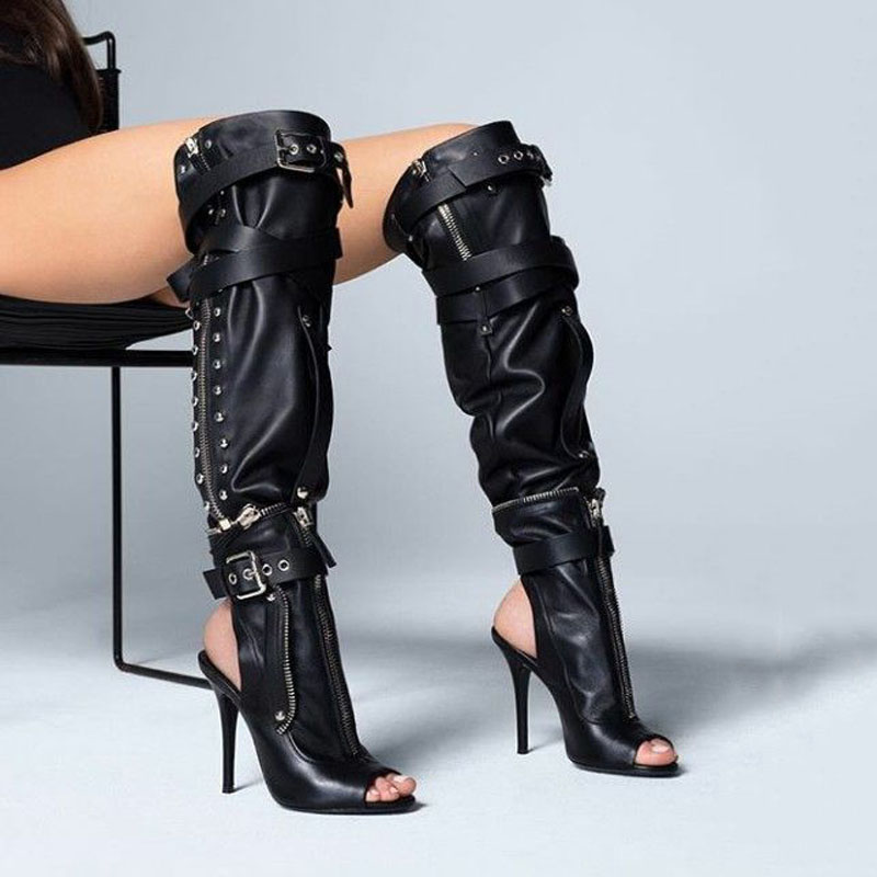 Black Leather Peep Toe Buckle High Heel Knee High Boots on Luulla