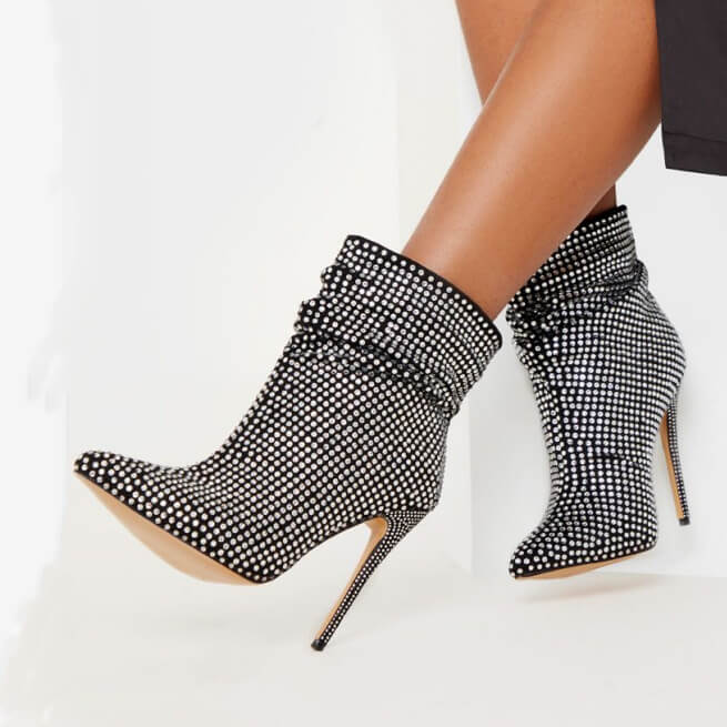 Black Rhinestone Pointed Toe Ankle Boots（sh22121501）