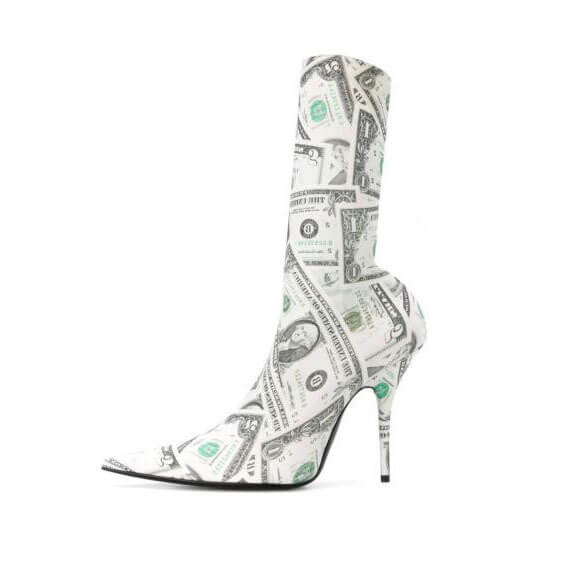 Party White Dollar Print Pointed Toe High Heel Calf Boots