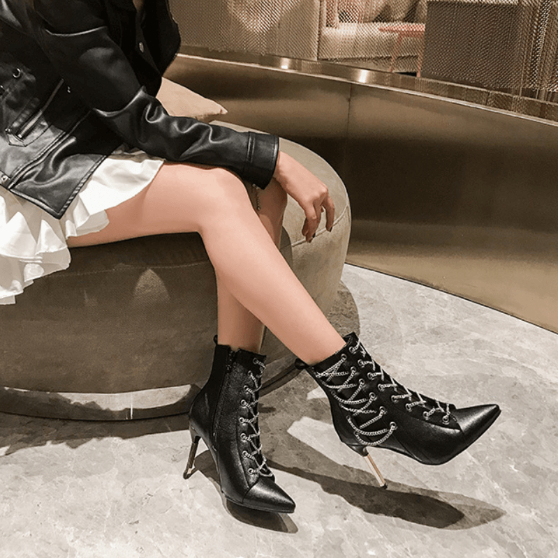 Casual Leather Strap Pointed Toe High Heel Boots