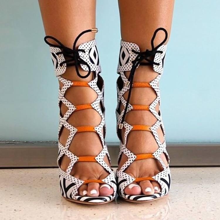 Sexy Peep Toe Cutout Strap Dot Print High Heel Sandals