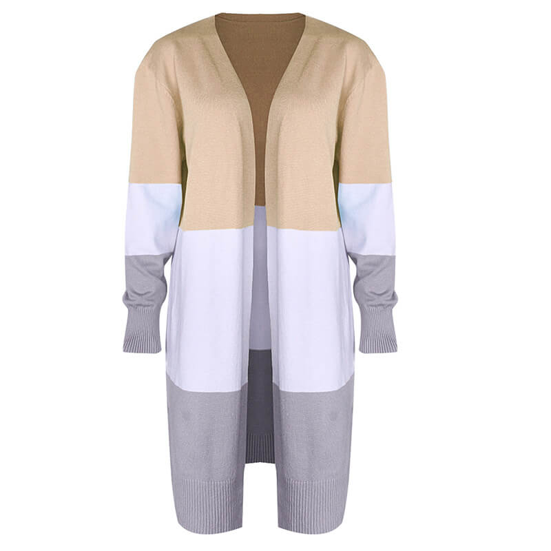 Beige Colorblock Open Front Knitted Long Cardigan