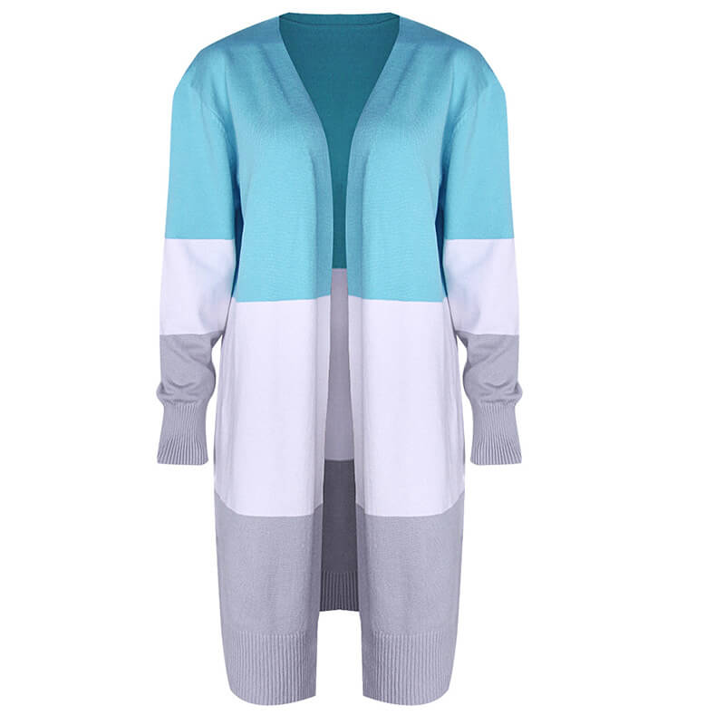 Sky Blue Colorblock Open Front Knitted Long Cardigan