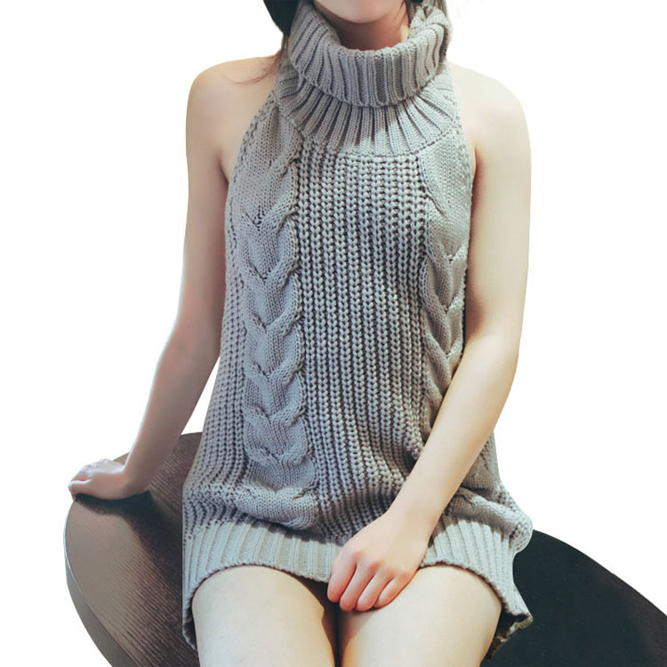 grey sleeveless sweater dress Round Neck Tie Belt Slit Sleeveless Sweater Dress main image 1