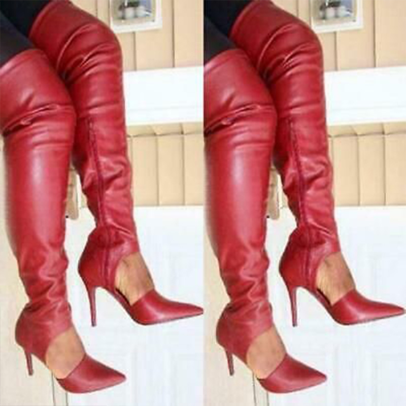 Party Red Pu Pointed Toe Cutout Over Knee Boots