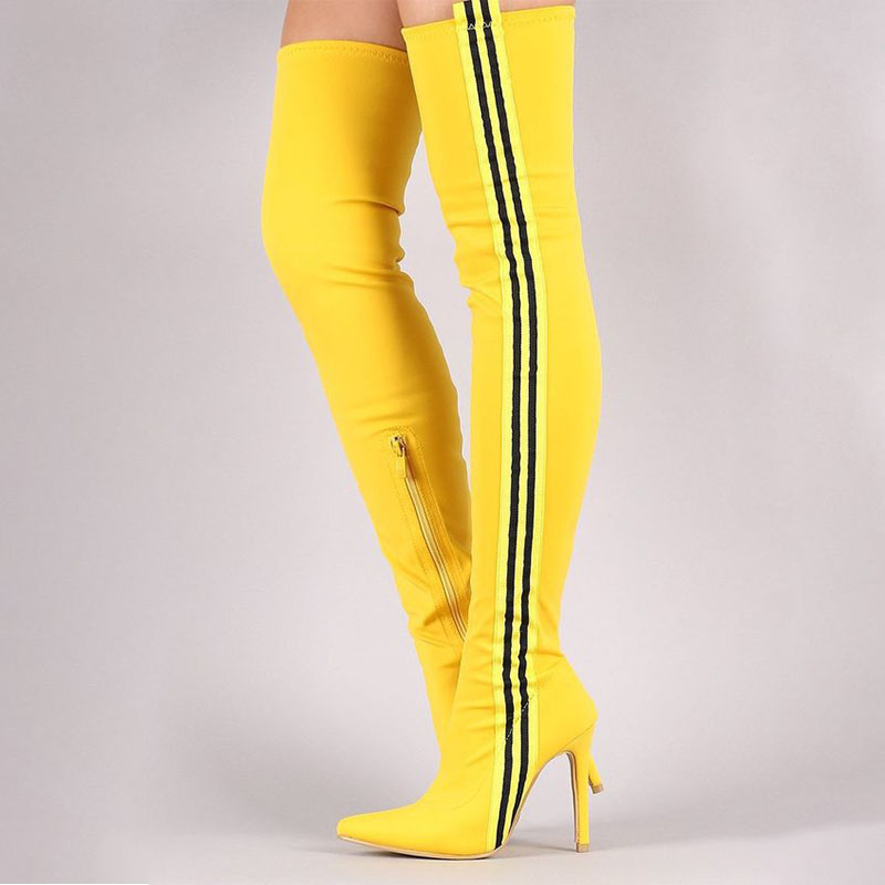 Sexy Candy Color Stretch Stripes High Heel Over Knee Boots