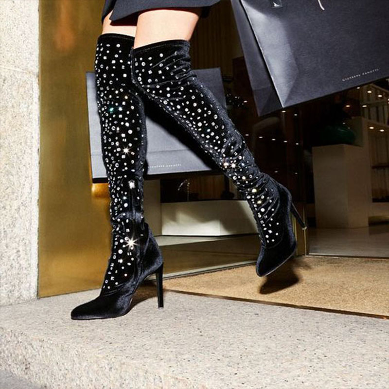 Sexy Rhinestone Pointed Toe Suede High Heel Over Knee Boots