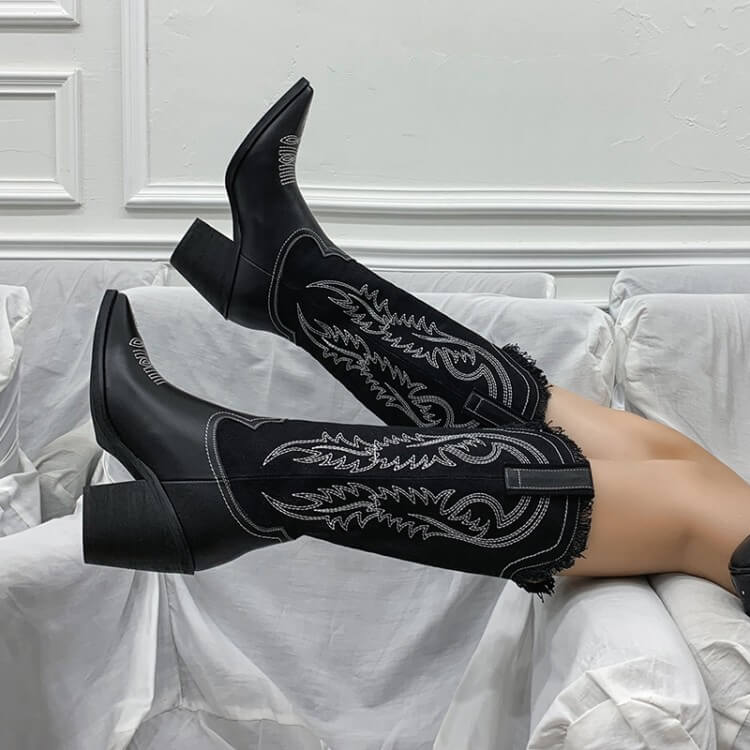 Fashion Leather Patchwork Chunky Heel Cowboy Boots