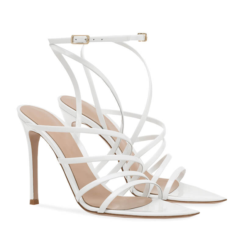 White Summer Patent Leather Point Toe Cutout High Heel Sandals