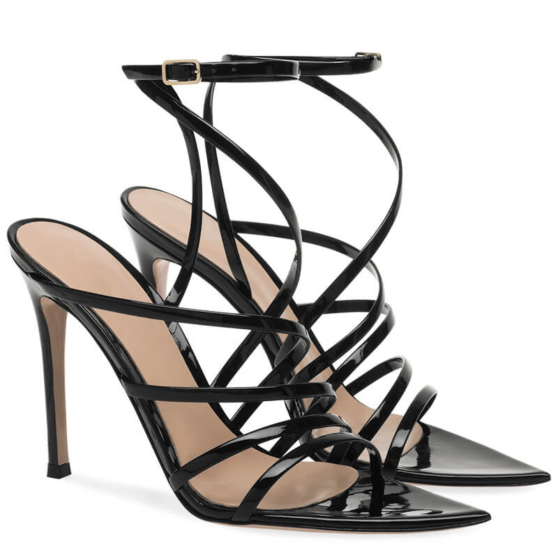 Black Summer Patent Leather Point Toe Cutout High Heel Sandals