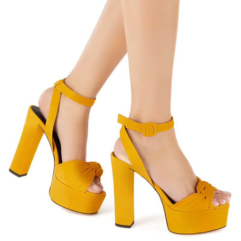Yellow Summer Suede Peep Toe Platform High Heel Sandals