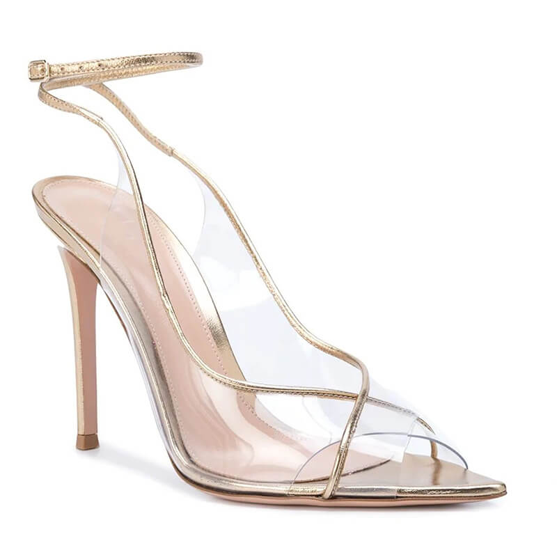 Champagne Pvc Point Toe High Heel Buckle Sandals