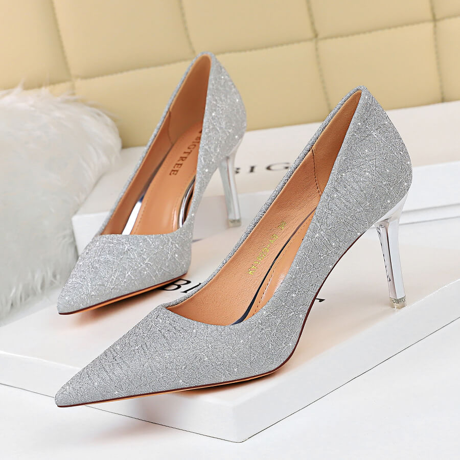 Sexy Silver Pu Sequin Point Toe Slip On Pumps-7cm