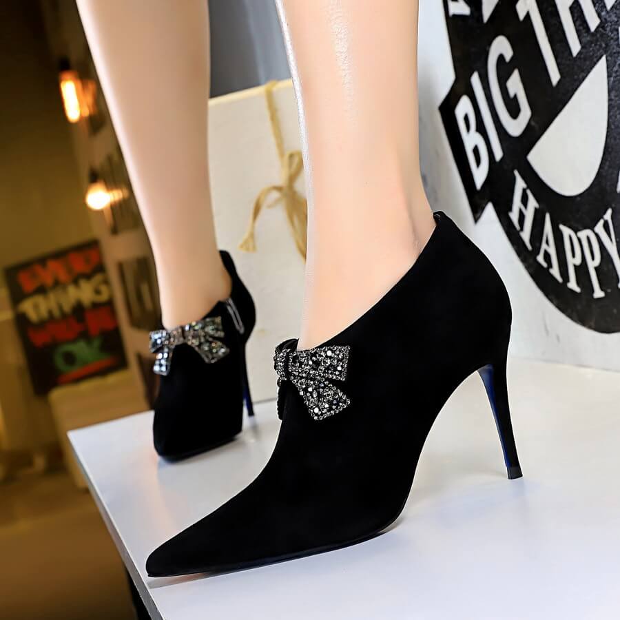 Black Suede Bow Rhinestone Point Toe High Heel Ankle Boots