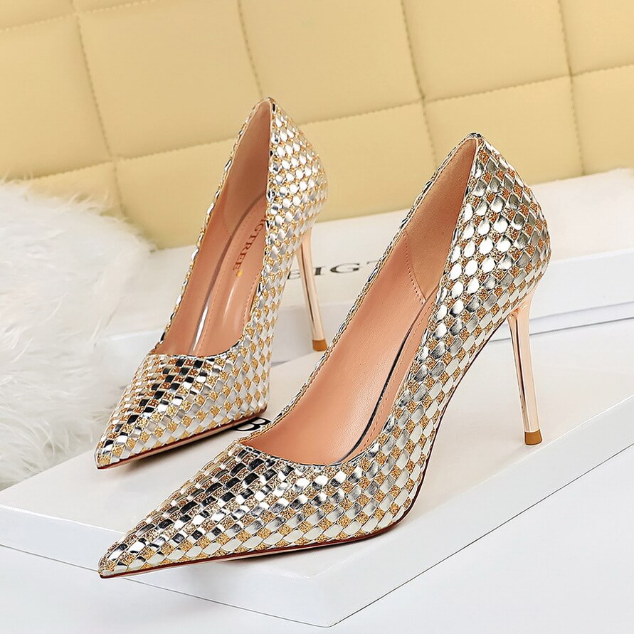 Champagne Party Sequin Point Toe Slip On Stiletto Heel Pumps