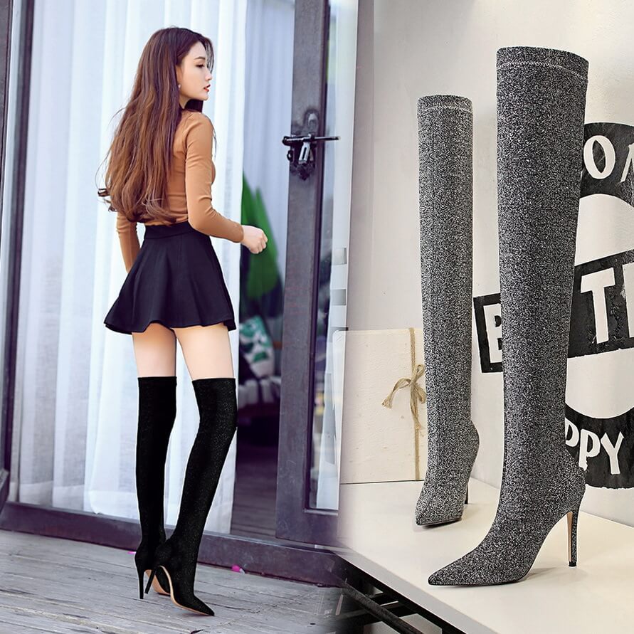 Sexy Black Sequin Stretch Point Toe High Heel Over Knee Boots