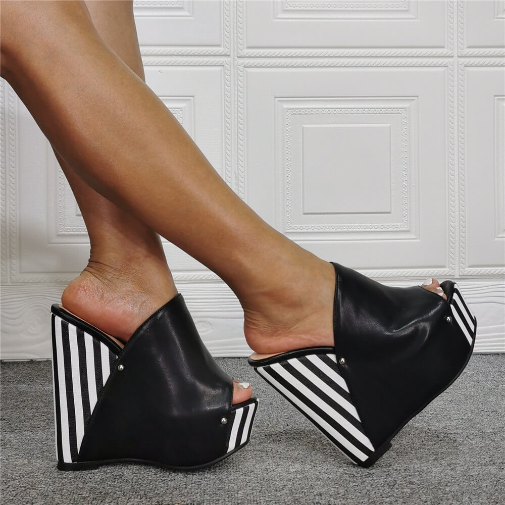 Black Wedge Platform Peep Toe Stripes High Heel Sandals