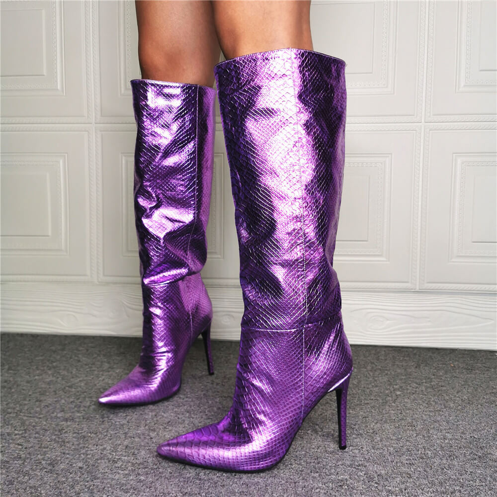 Party Purple Pu Point Toe High Heel Knee High Boots