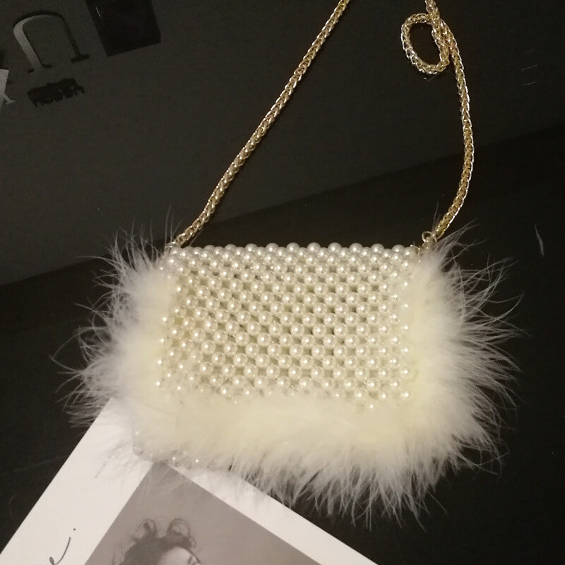 Beige Cute Hadmade Customize Pearl Fur Crossbody Satchel Bags