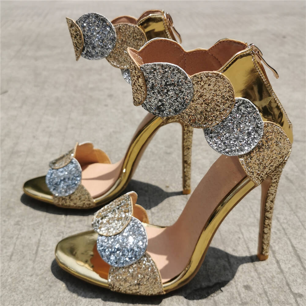 Summer Champagne Sequin Leather High Heel Sandals