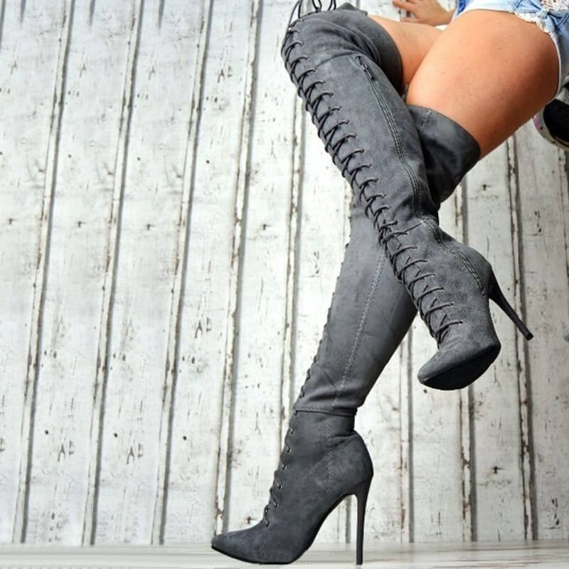 Gray Scrub Point Toe High Heel Strap Over Knee Boots