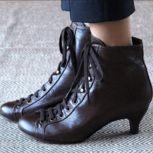 Brown Plain Leather Low Heel Strap Ankle Boots