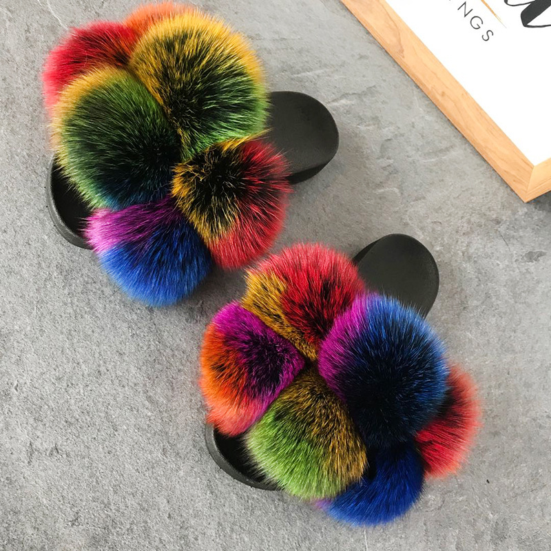 Color Matching Large Fur Real Natural Fox Fur Slides Colorful Fluffy Fur Slides Sandals Slippers Fashion Women Shoes-1