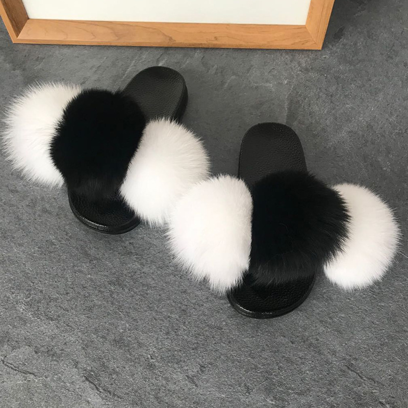 Color Matching Large Fur Real Natural Fox Fur Slides Colorful Fluffy Fur Slides Sandals Slippers Fashion Women Shoes-3