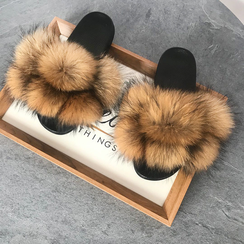 Color Matching Large Fur Real Natural Fox Fur Slides Colorful Fluffy Fur Slides Sandals Slippers Fashion Women Shoes-4